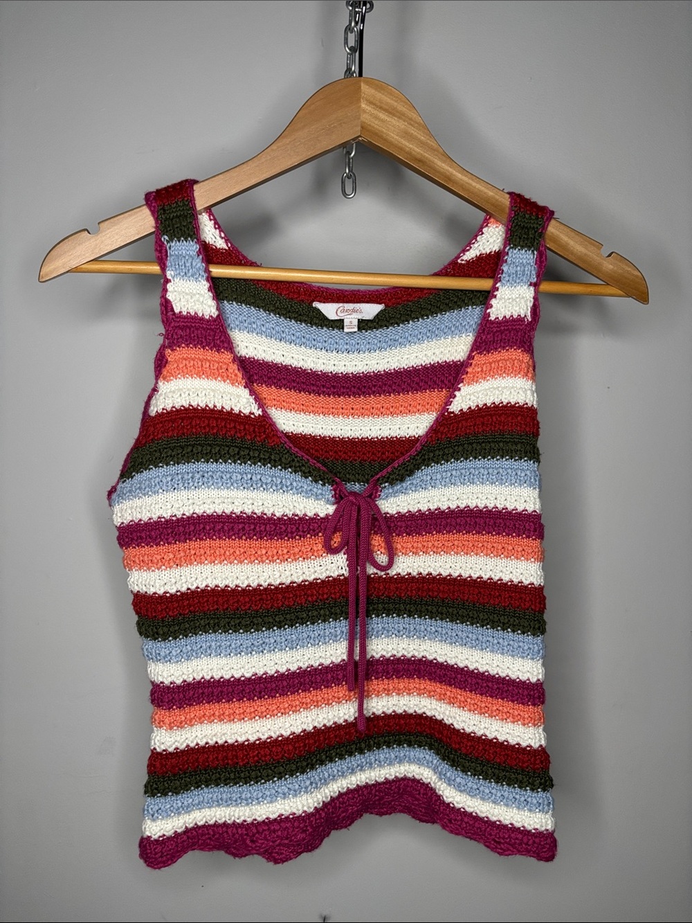 Crochet Y2K Striped Tie-Front Knit Tank Top Size Small